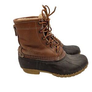 LL Bean Boots Women 7W Shearling Lined 8 Inch Duck Boots Brown Leather Made USA